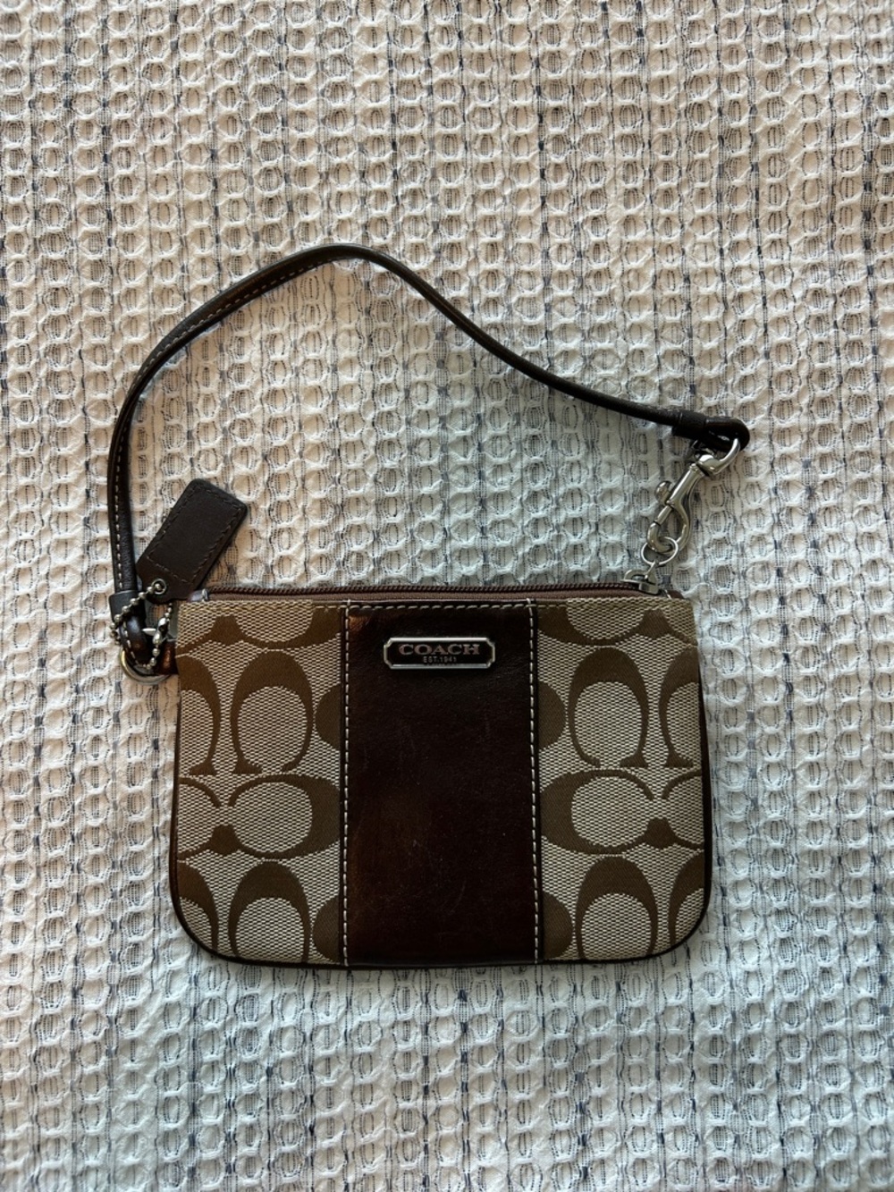 Coach Brown Signature Canvas Wristlet with Dark Brown Leather Panel